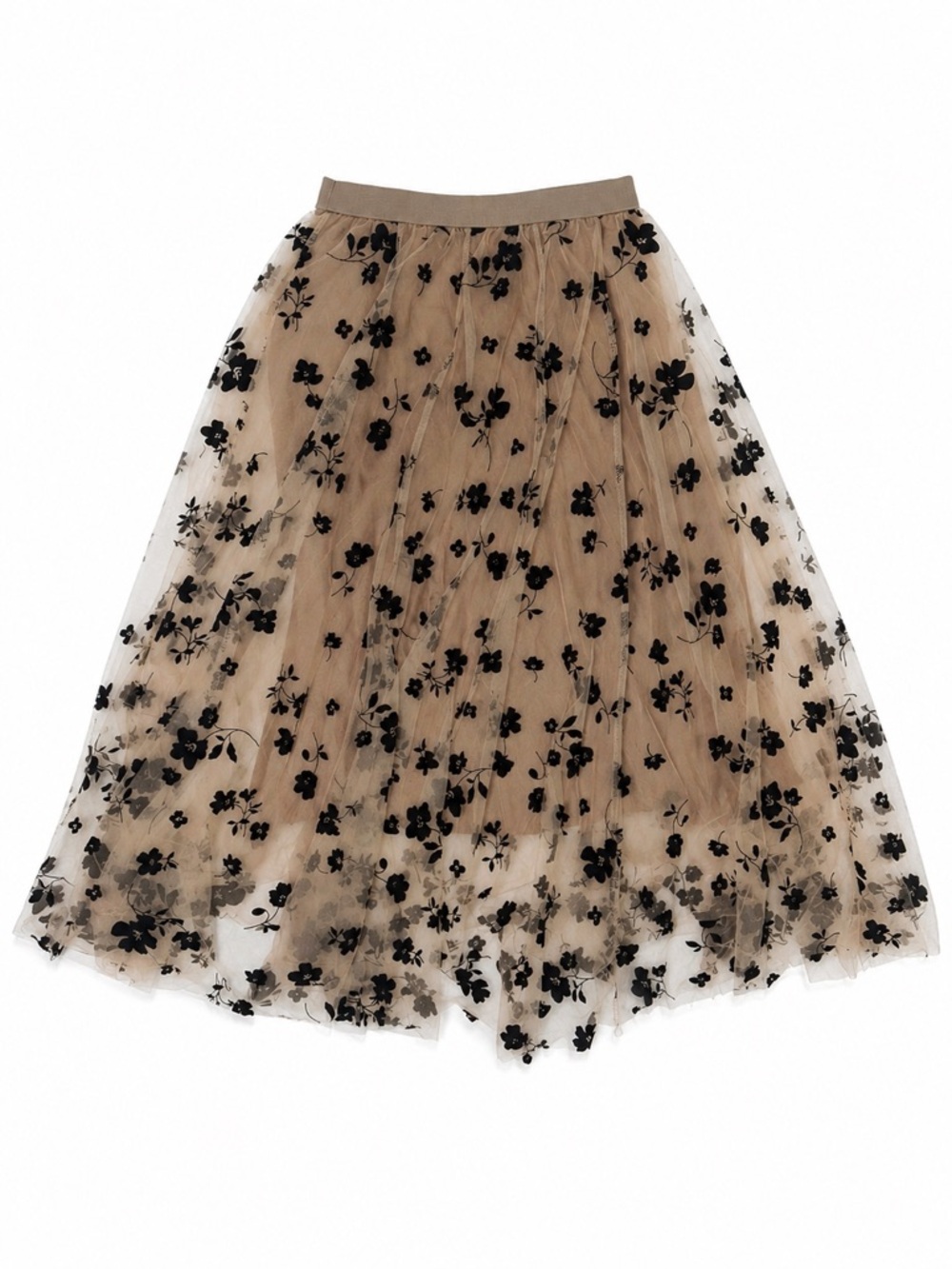 Floral Embroidered Tulle Midi Skirt - Beige with Black Floral